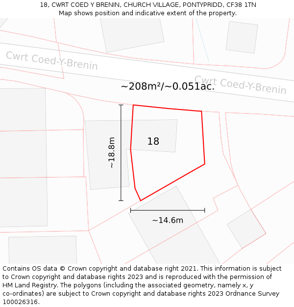 18, CWRT COED Y BRENIN, CHURCH VILLAGE, PONTYPRIDD, CF38 1TN: Plot and title map