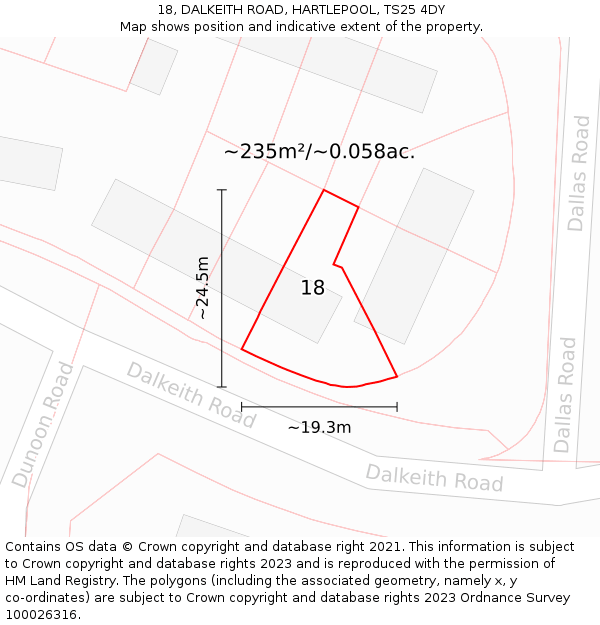 18, DALKEITH ROAD, HARTLEPOOL, TS25 4DY: Plot and title map