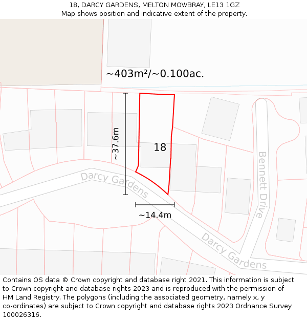 18, DARCY GARDENS, MELTON MOWBRAY, LE13 1GZ: Plot and title map