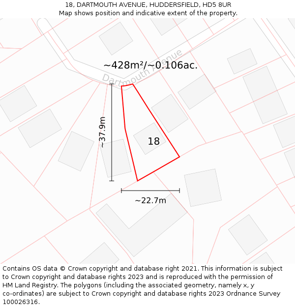 18, DARTMOUTH AVENUE, HUDDERSFIELD, HD5 8UR: Plot and title map