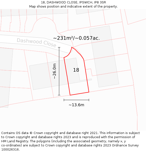 18, DASHWOOD CLOSE, IPSWICH, IP8 3SR: Plot and title map