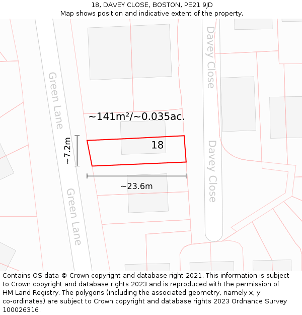 18, DAVEY CLOSE, BOSTON, PE21 9JD: Plot and title map