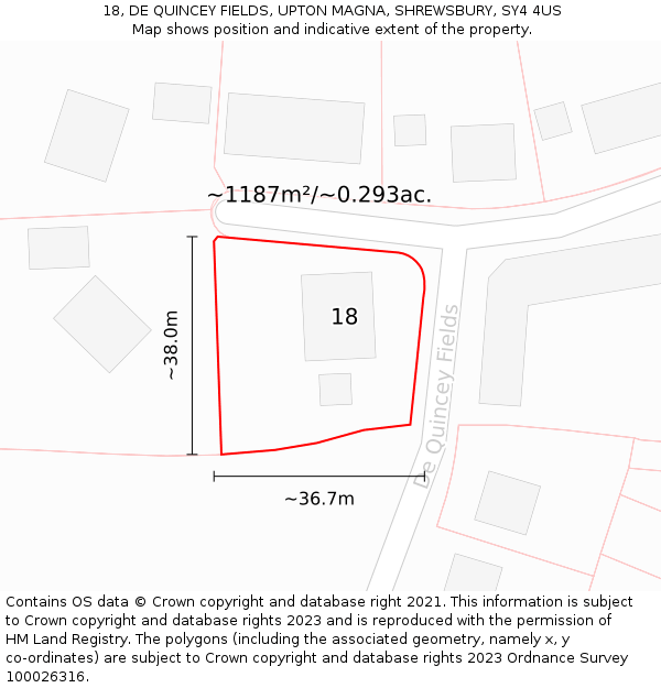 18, DE QUINCEY FIELDS, UPTON MAGNA, SHREWSBURY, SY4 4US: Plot and title map