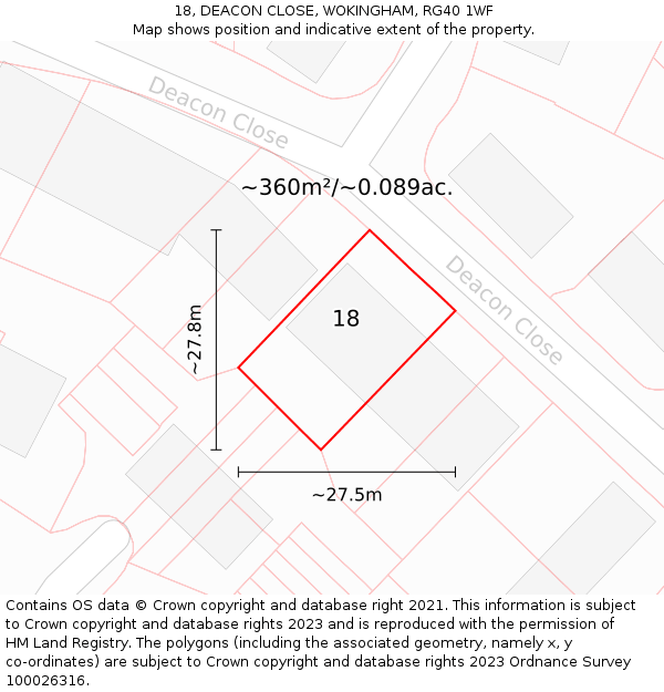 18, DEACON CLOSE, WOKINGHAM, RG40 1WF: Plot and title map