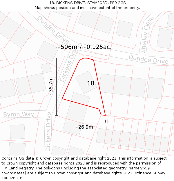 18, DICKENS DRIVE, STAMFORD, PE9 2GS: Plot and title map