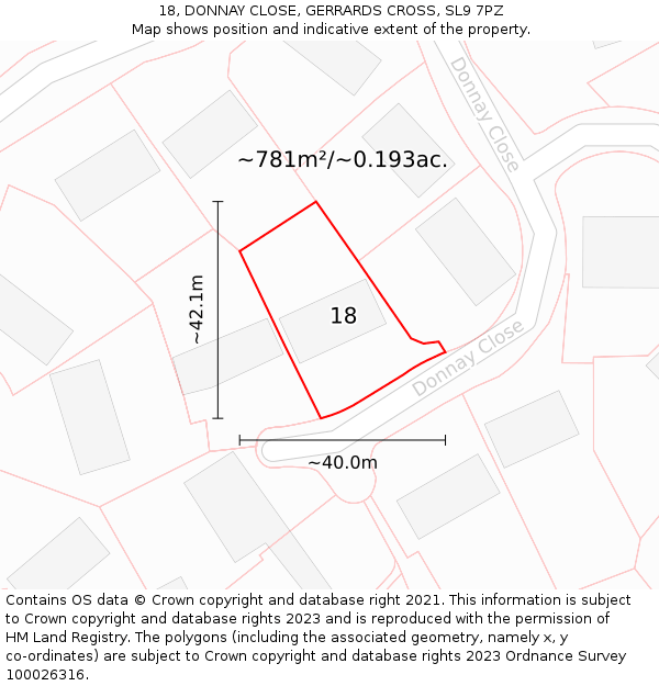 18, DONNAY CLOSE, GERRARDS CROSS, SL9 7PZ: Plot and title map