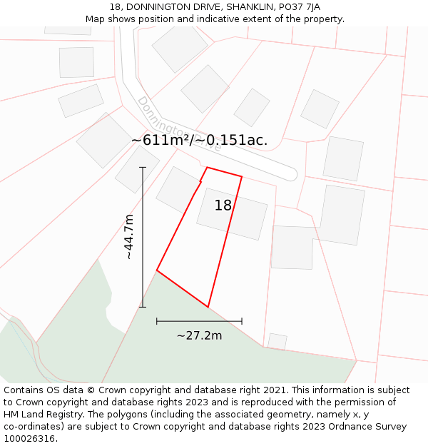 18, DONNINGTON DRIVE, SHANKLIN, PO37 7JA: Plot and title map