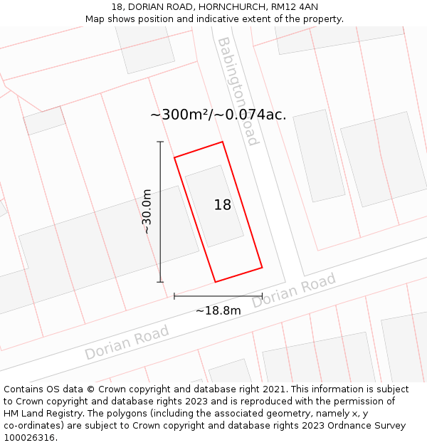 18, DORIAN ROAD, HORNCHURCH, RM12 4AN: Plot and title map