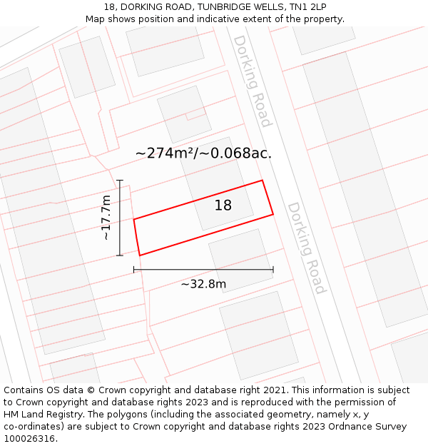 18, DORKING ROAD, TUNBRIDGE WELLS, TN1 2LP: Plot and title map