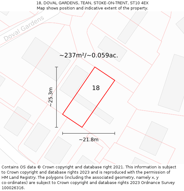 18, DOVAL GARDENS, TEAN, STOKE-ON-TRENT, ST10 4EX: Plot and title map