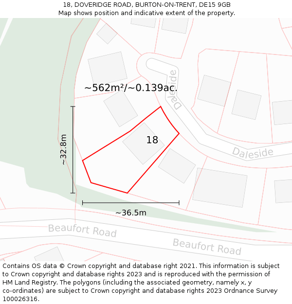 18, DOVERIDGE ROAD, BURTON-ON-TRENT, DE15 9GB: Plot and title map