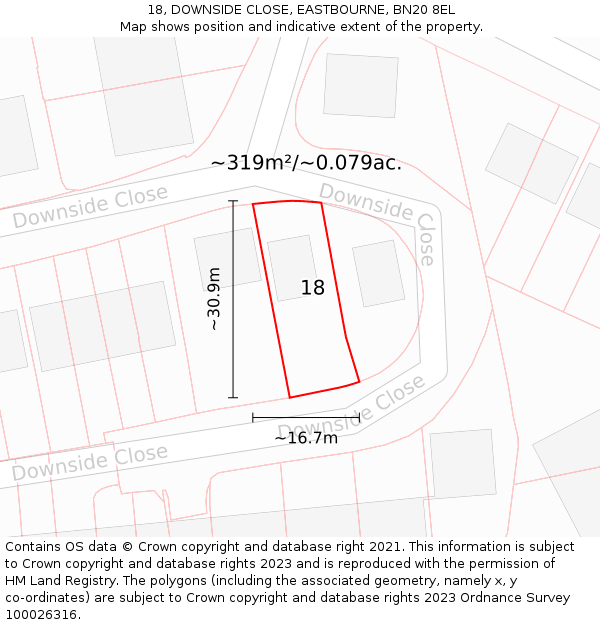 18, DOWNSIDE CLOSE, EASTBOURNE, BN20 8EL: Plot and title map