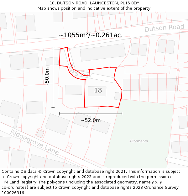 18, DUTSON ROAD, LAUNCESTON, PL15 8DY: Plot and title map