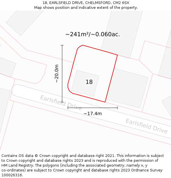 18, EARLSFIELD DRIVE, CHELMSFORD, CM2 6SX: Plot and title map
