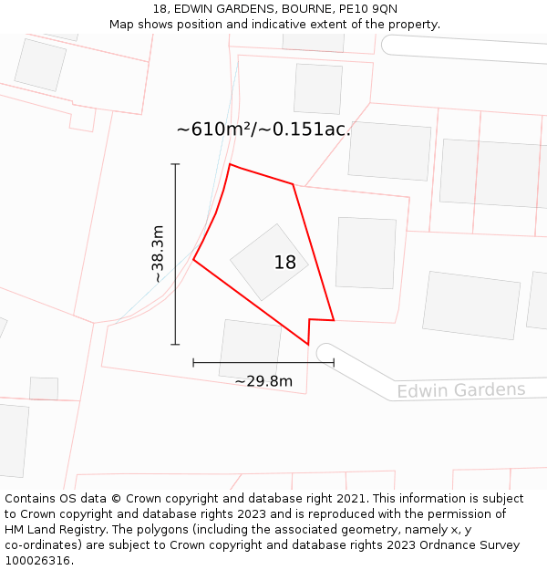 18, EDWIN GARDENS, BOURNE, PE10 9QN: Plot and title map