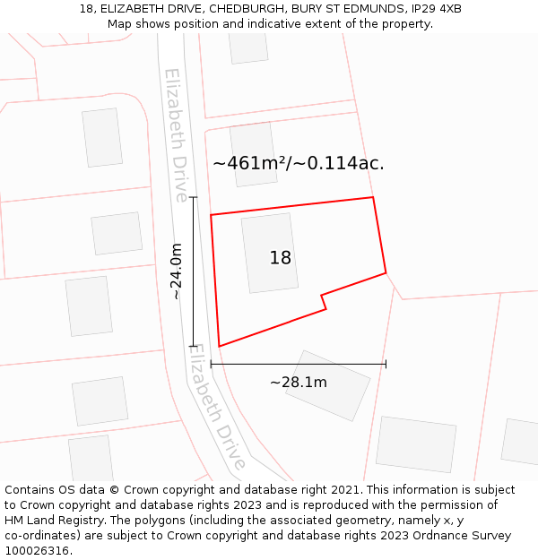 18, ELIZABETH DRIVE, CHEDBURGH, BURY ST EDMUNDS, IP29 4XB: Plot and title map