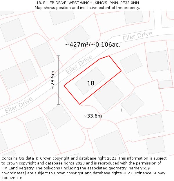 18, ELLER DRIVE, WEST WINCH, KING'S LYNN, PE33 0NN: Plot and title map