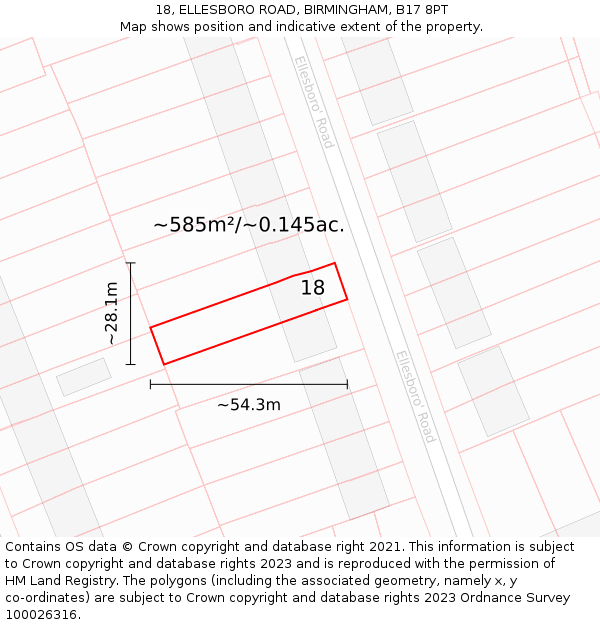 18, ELLESBORO ROAD, BIRMINGHAM, B17 8PT: Plot and title map