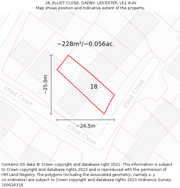 18, ELLIOT CLOSE, OADBY, LEICESTER, LE2 4UN: Plot and title map