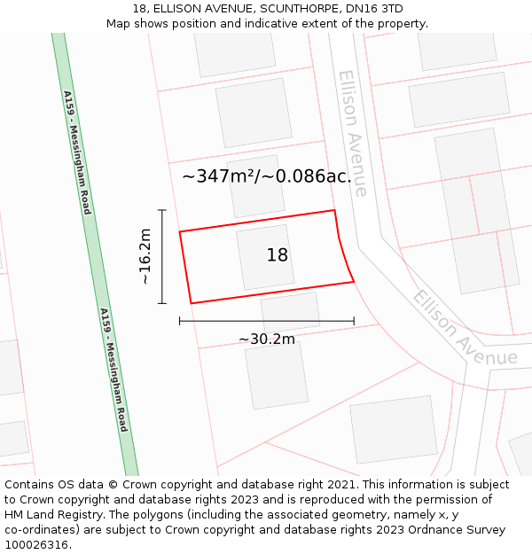 18, ELLISON AVENUE, SCUNTHORPE, DN16 3TD: Plot and title map