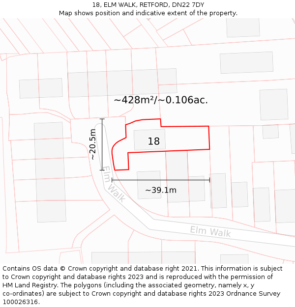 18, ELM WALK, RETFORD, DN22 7DY: Plot and title map