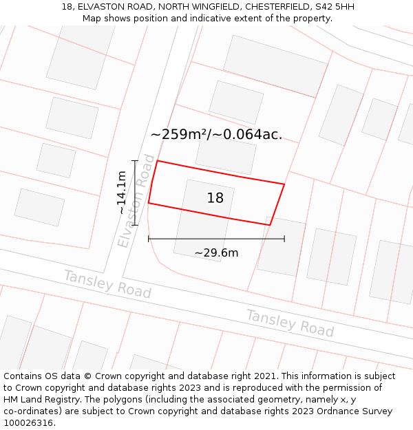 18, ELVASTON ROAD, NORTH WINGFIELD, CHESTERFIELD, S42 5HH: Plot and title map