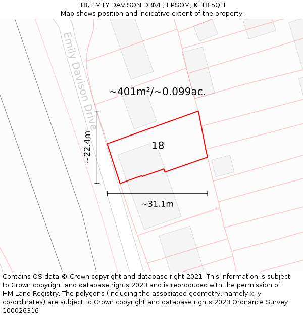 18, EMILY DAVISON DRIVE, EPSOM, KT18 5QH: Plot and title map