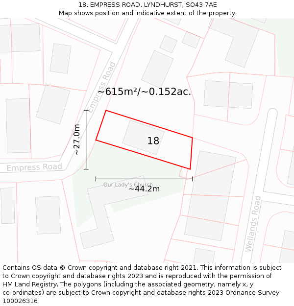 18, EMPRESS ROAD, LYNDHURST, SO43 7AE: Plot and title map