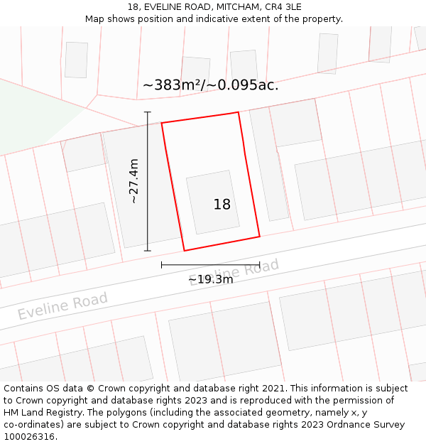 18, EVELINE ROAD, MITCHAM, CR4 3LE: Plot and title map