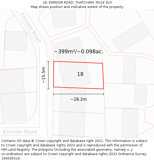 18, EXMOOR ROAD, THATCHAM, RG19 3UY: Plot and title map