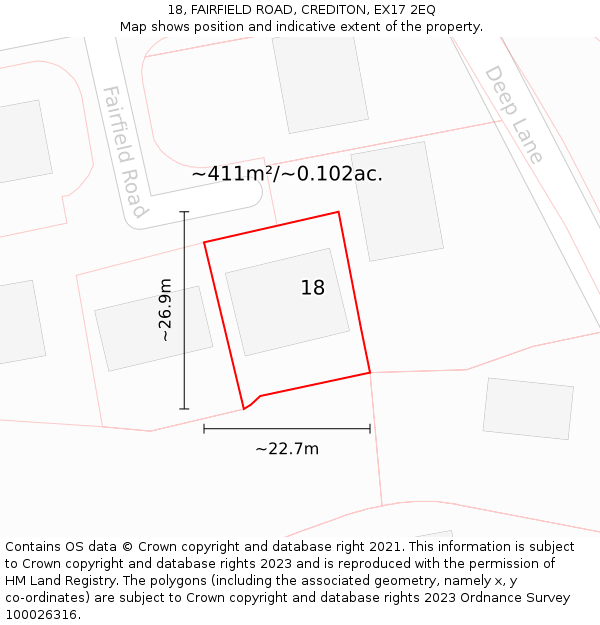18, FAIRFIELD ROAD, CREDITON, EX17 2EQ: Plot and title map