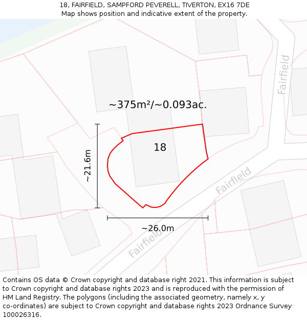 18, FAIRFIELD, SAMPFORD PEVERELL, TIVERTON, EX16 7DE: Plot and title map