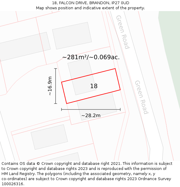 18, FALCON DRIVE, BRANDON, IP27 0UD: Plot and title map