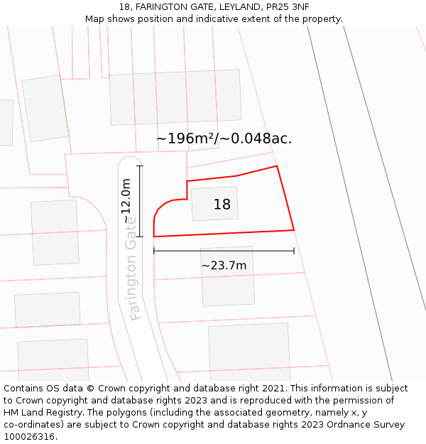 18, FARINGTON GATE, LEYLAND, PR25 3NF: Plot and title map