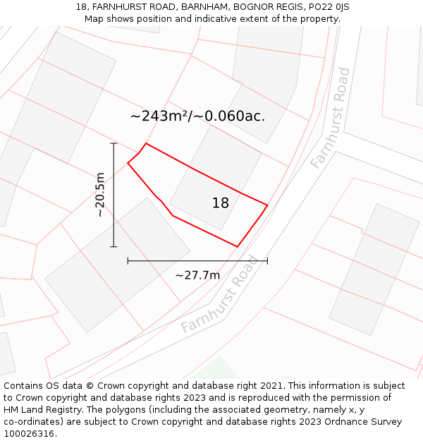 18, FARNHURST ROAD, BARNHAM, BOGNOR REGIS, PO22 0JS: Plot and title map