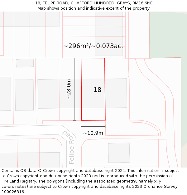 18, FELIPE ROAD, CHAFFORD HUNDRED, GRAYS, RM16 6NE: Plot and title map