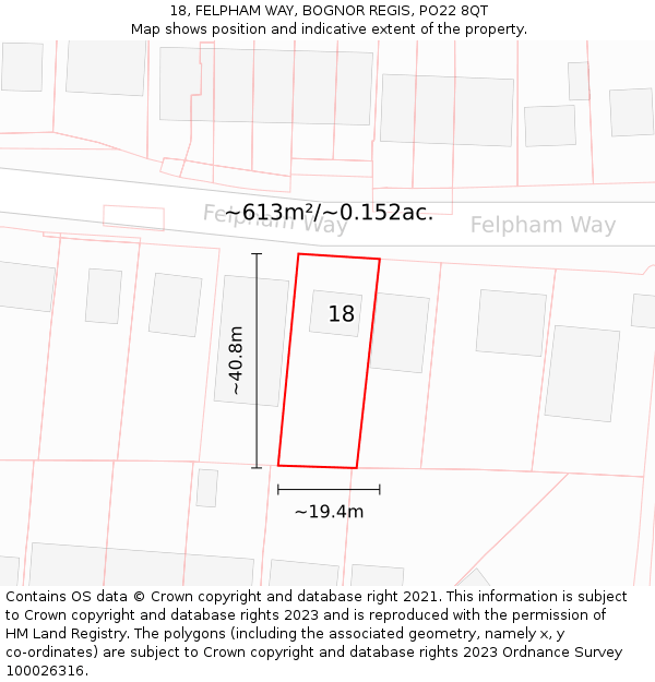 18, FELPHAM WAY, BOGNOR REGIS, PO22 8QT: Plot and title map