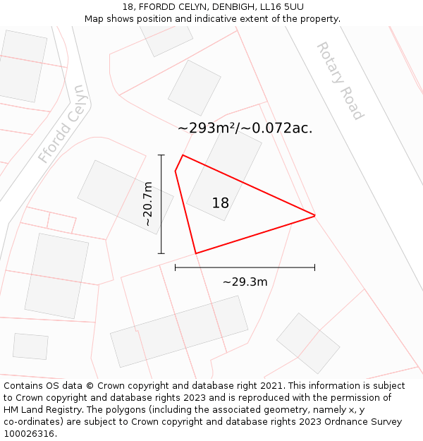 18, FFORDD CELYN, DENBIGH, LL16 5UU: Plot and title map