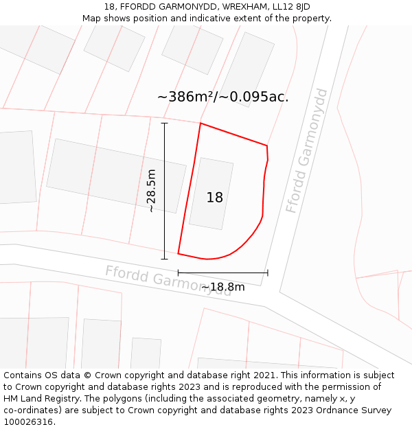 18, FFORDD GARMONYDD, WREXHAM, LL12 8JD: Plot and title map