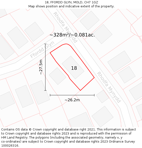 18, FFORDD GLYN, MOLD, CH7 1GZ: Plot and title map