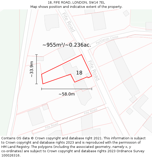 18, FIFE ROAD, LONDON, SW14 7EL: Plot and title map