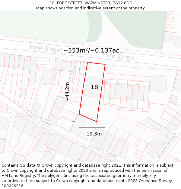 18, FORE STREET, WARMINSTER, BA12 8DD: Plot and title map