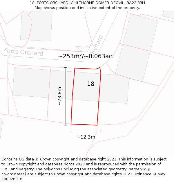 18, FORTS ORCHARD, CHILTHORNE DOMER, YEOVIL, BA22 8RH: Plot and title map