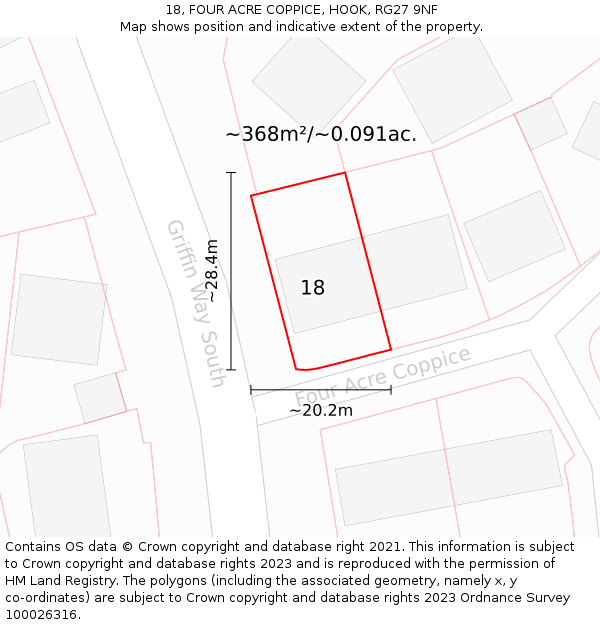 18, FOUR ACRE COPPICE, HOOK, RG27 9NF: Plot and title map