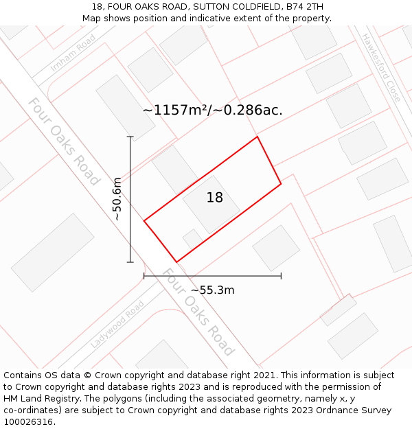 18, FOUR OAKS ROAD, SUTTON COLDFIELD, B74 2TH: Plot and title map