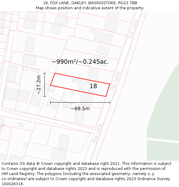 18, FOX LANE, OAKLEY, BASINGSTOKE, RG23 7BB: Plot and title map