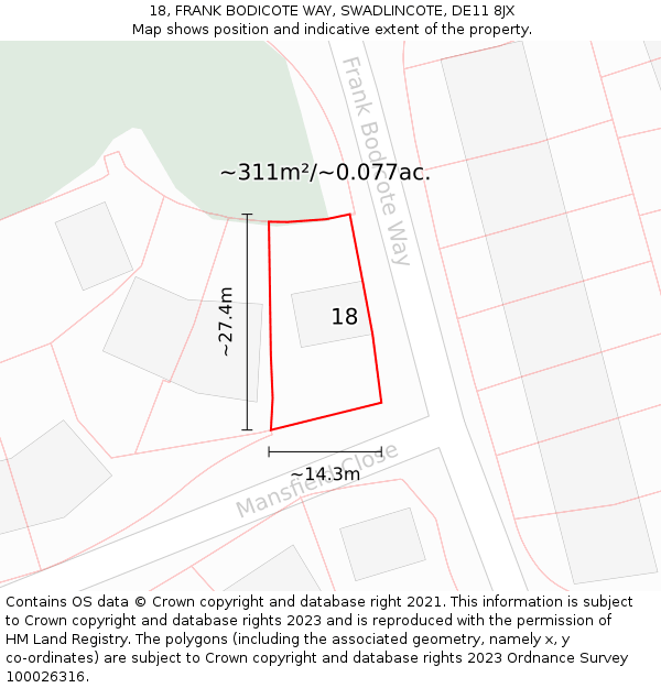 18, FRANK BODICOTE WAY, SWADLINCOTE, DE11 8JX: Plot and title map