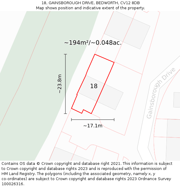 18, GAINSBOROUGH DRIVE, BEDWORTH, CV12 8DB: Plot and title map