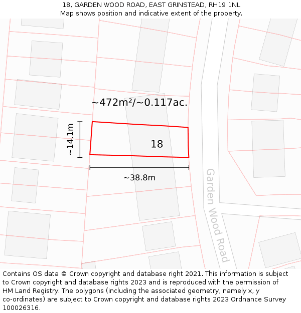 18, GARDEN WOOD ROAD, EAST GRINSTEAD, RH19 1NL: Plot and title map