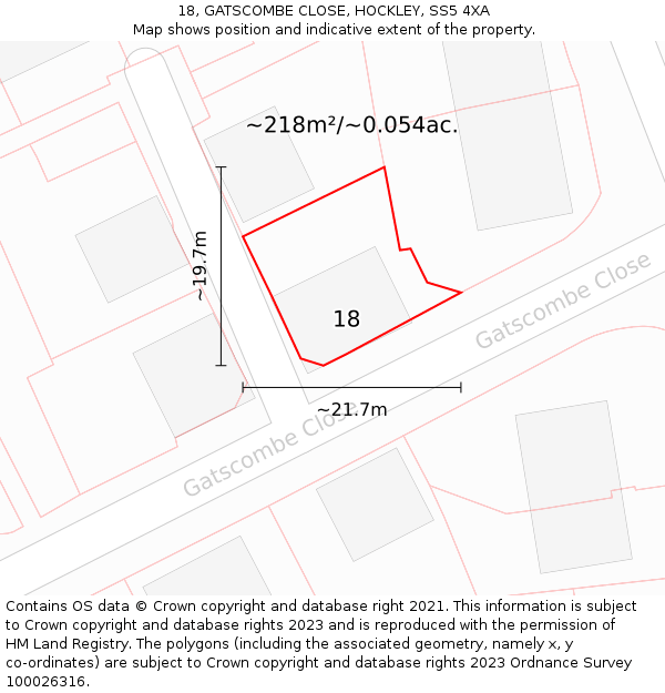 18, GATSCOMBE CLOSE, HOCKLEY, SS5 4XA: Plot and title map